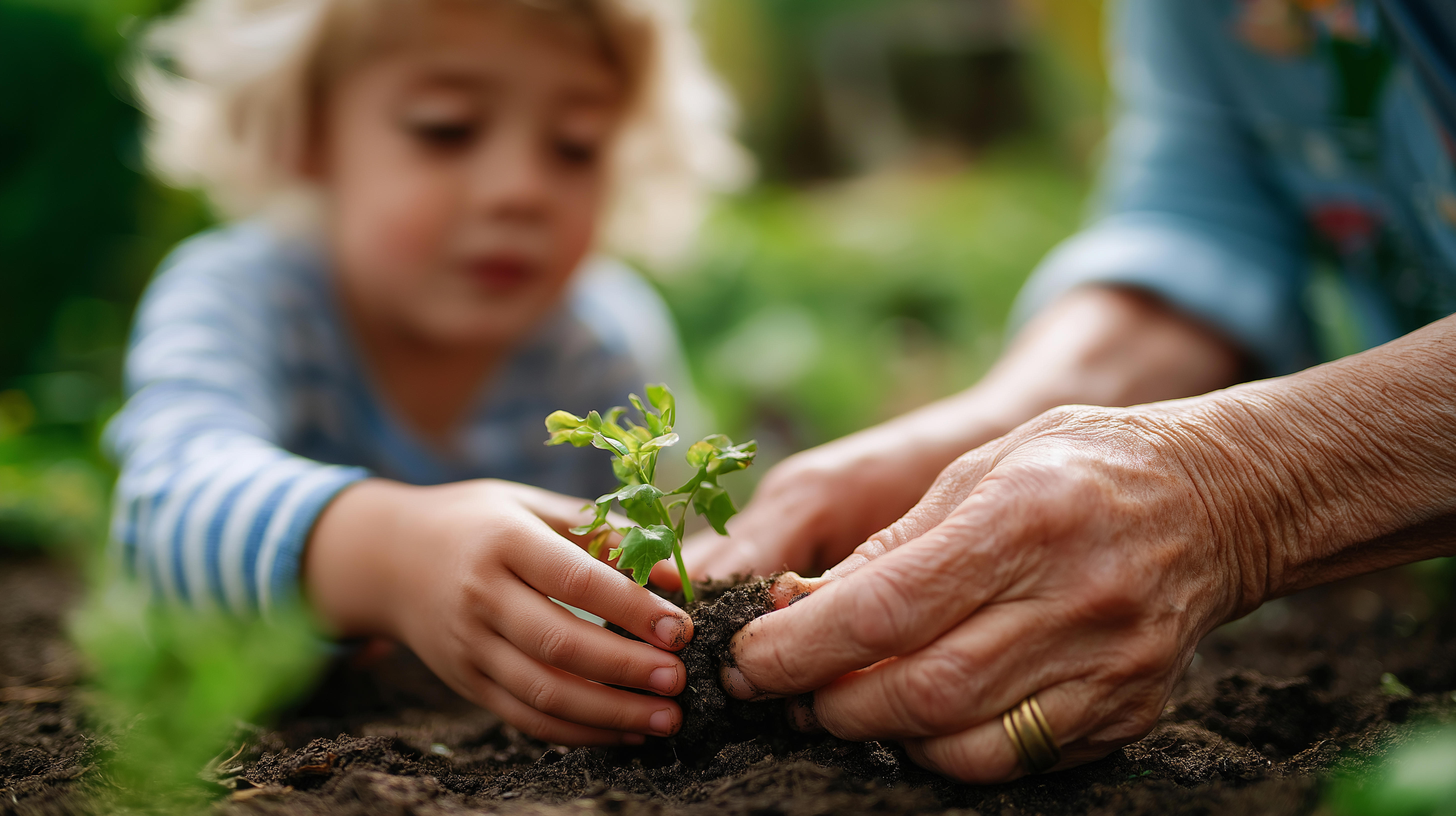 Child and older adult planting a small green plant