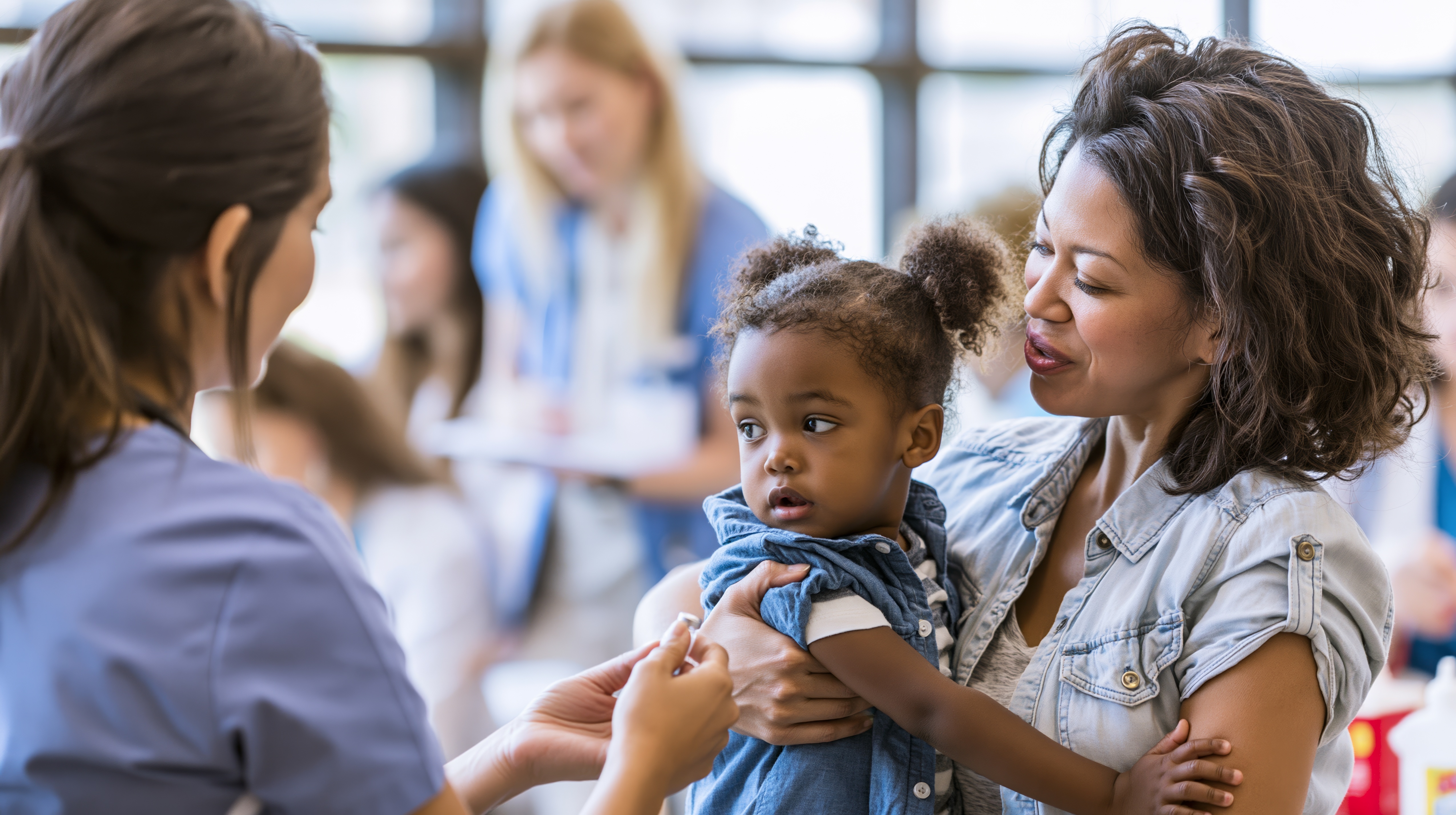 A women holding a child. 