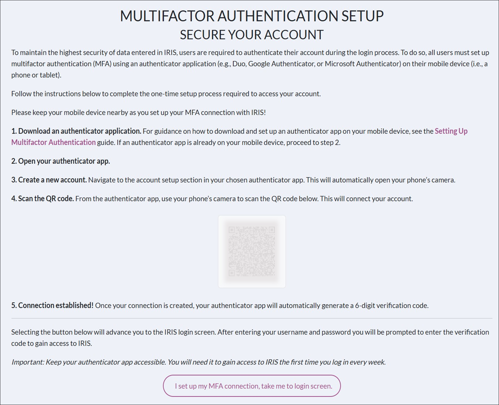 Multifactor Authentication Setup Screen