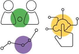 Simple line art illustration showing three concepts — two people with a green circle symbolizing people powered, a chart with a purple circle representing data driven, and a hand touching a cloud with a yellow circle symbolizing technology enabled.