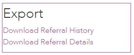 A small export panel with the heading ‘Export’ and two links below: ‘Download Referral History’ and ‘Download Referral Details.’