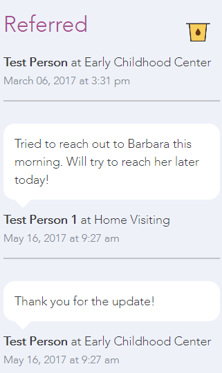 A note indicating each change in referral status shows within the comments stream