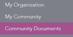 A vertical navigation menu with options My Organization, My Community, and Community Documents. The Community Documents option is highlighted in purple.